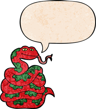 Konuşma baloncuklu çizgi film yılanı insan tarafından çizilmiş eski moda dokular.