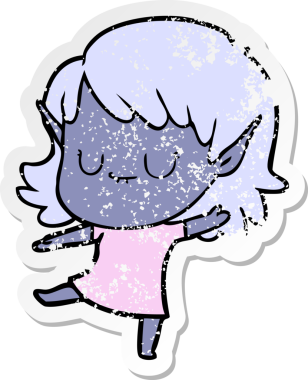 Bir insan tarafından çizilmiş mutlu bir elf kızının sıkıntılı çıkartması.