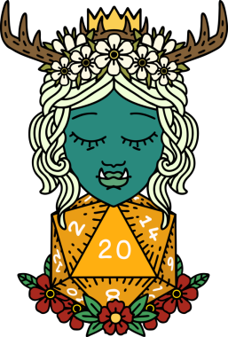 Retro Dövme Biçimi Yarı Ork Druid Bir insan tarafından çizilmiş 20 zar ile