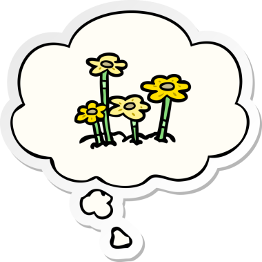 Düşünce baloncuklu karikatür çiçekleri insan tarafından çizilmiş bir çıkartma gibi.