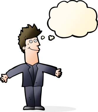 Bir insan tarafından çizilmiş düşünce balonlu mutlu adam çizgi filmi.