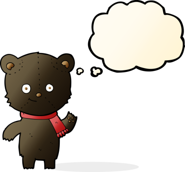 Bir insan tarafından çizilmiş düşünce baloncuğuyla sallanan siyah ayı çizgi filmi.