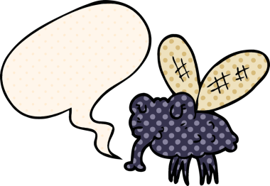 Bir insan tarafından çizilmiş çizgi roman tarzında konuşma baloncuğu olan çizgi film sineği