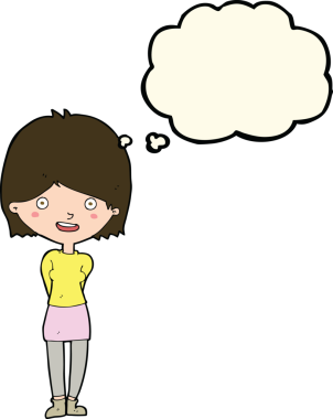 Bir insan tarafından çizilmiş düşünce baloncuğu olan çizgi film dostu kadın.