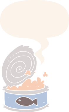 Bir insan tarafından çizilmiş retro tarzı konuşma baloncuklu konserve yiyecekler.