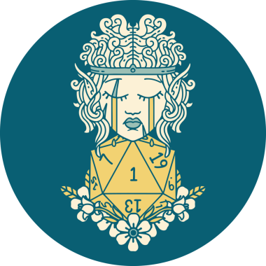 Retro Dövme Tarzı Ağlayan Elf Barbar Karakteri Bir insan tarafından çizilmiş doğal bir D20 rulosu