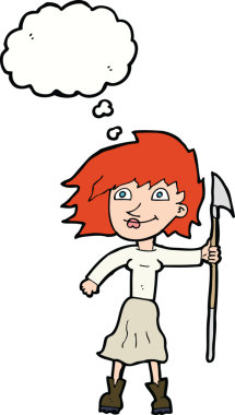 Bir insan tarafından çizilmiş düşünce balonlu mızraklı karikatür kadın.