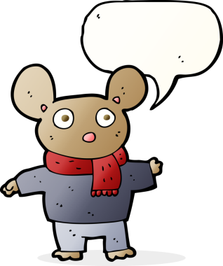 Bir insan tarafından çizilmiş konuşma balonlu kıyafet giymiş çizgi film faresi.