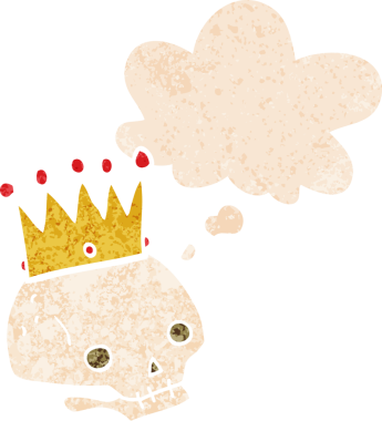 Düşünce baloncuğu ve grunge ile taçlandırılmış karikatür kafatası bir insan tarafından çizilmiş rahatsız edilmiş retro tarzı