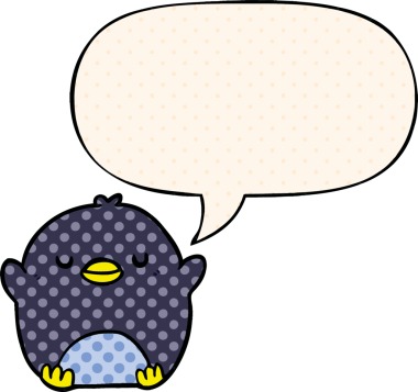 Bir insan tarafından çizilmiş çizgi roman tarzında konuşma balonu olan sevimli penguen.