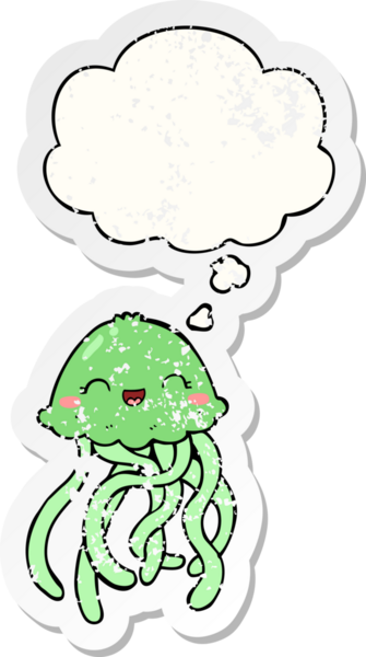 Düşünce baloncuğu olan sevimli denizanası karikatürü bir insan tarafından çizilmiş yıpranmış bir çıkartma.