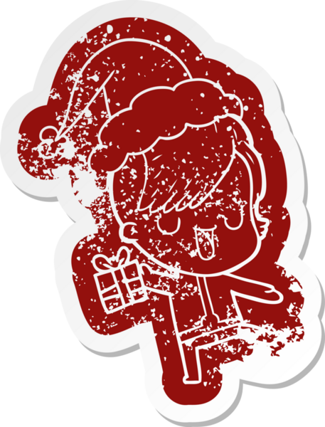 Hipster saç kesimi olan, Noel Baba şapkası takan, bir insan tarafından çizilmiş, kederli, şirin bir çizgi film.