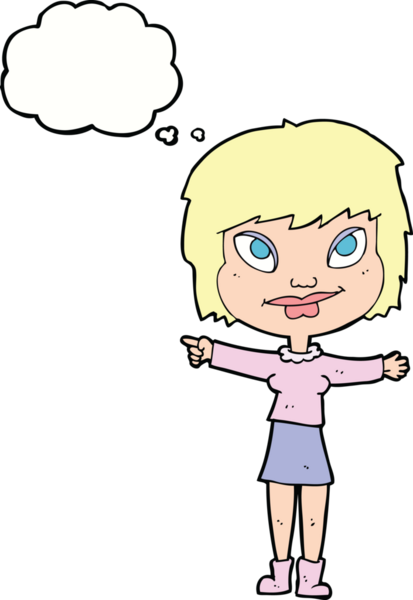 Bir insan tarafından çizilmiş düşünce balonuyla işaret eden çizgi film kadını.