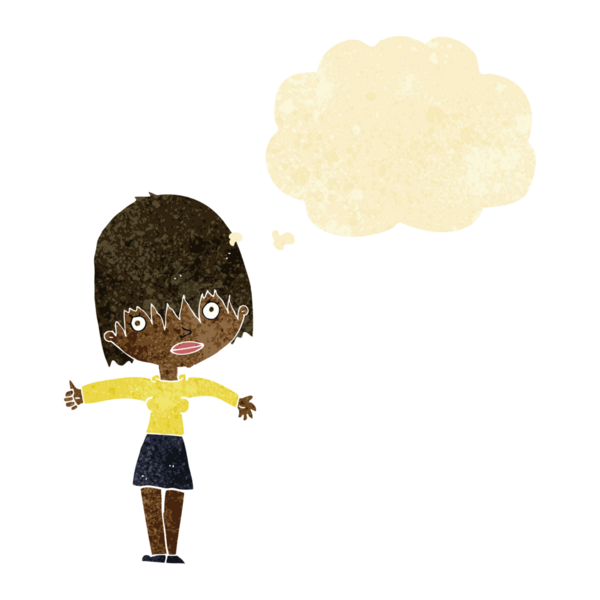 Bir insan tarafından çizilmiş düşünce baloncuğu olan meraklı bir kadın.