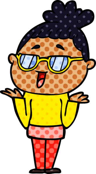 Bir insan tarafından çizilmiş gözlüklü mutlu kadın çizgi filmi.