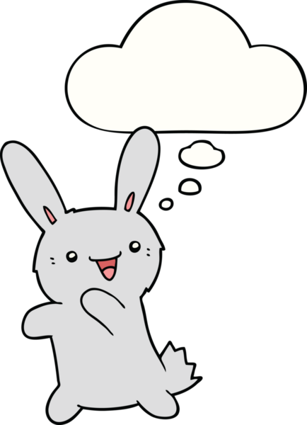 Bir insan tarafından çizilmiş düşünce kabarcığı olan çizgi film tavşanı.