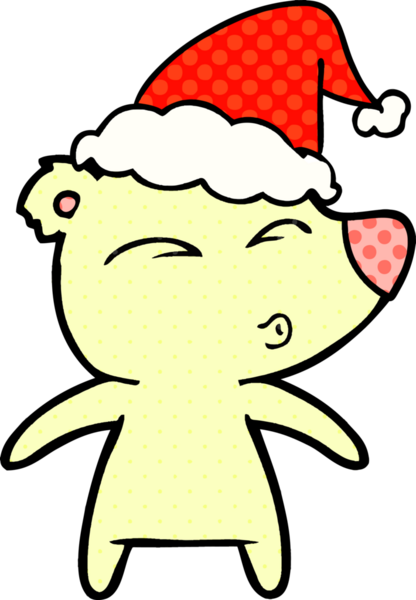 Bir insan tarafından çizilmiş Noel Baba şapkası giyen bir ayının el çizimi çizgi roman çizimi.