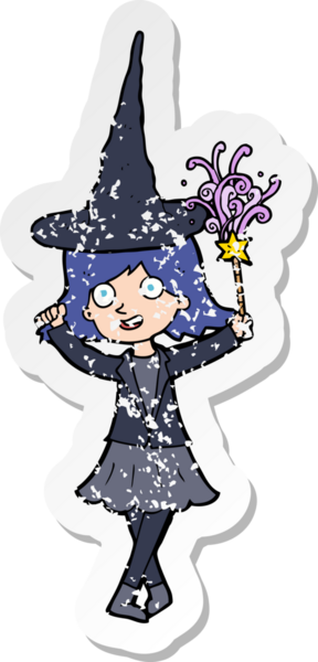 Bir insan tarafından çizilmiş mutlu bir cadının karikatür yapıştırması.