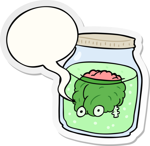 Bir insan tarafından çizilmiş konuşma baloncuğu çıkartmasıyla kavanozda yüzen karikatür hayaleti beyni.