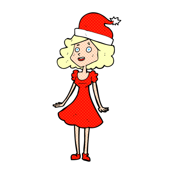 Bir insan tarafından çizilmiş, Noel için giyinmiş bir karikatür kadın.