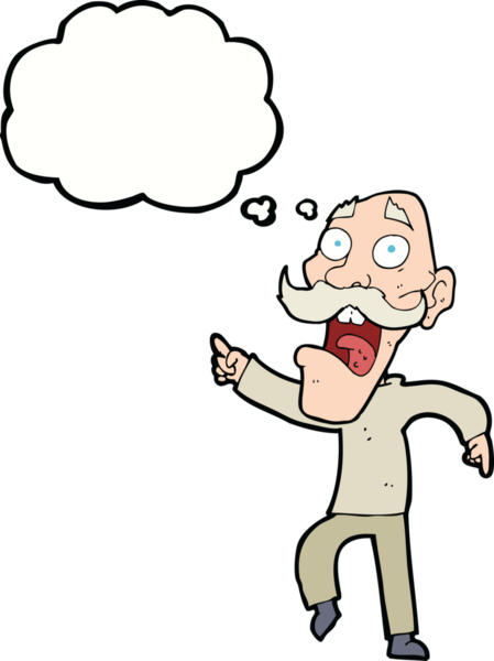 Çizgi film, bir insan tarafından çizilmiş düşünce balonuyla korkmuş yaşlı bir adam.