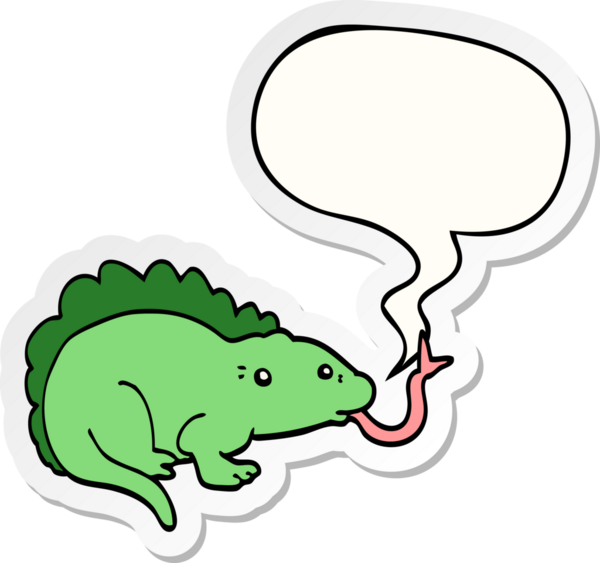 Bir insan tarafından çizilmiş konuşma balonu çıkartmalı kertenkele çizgi filmi.