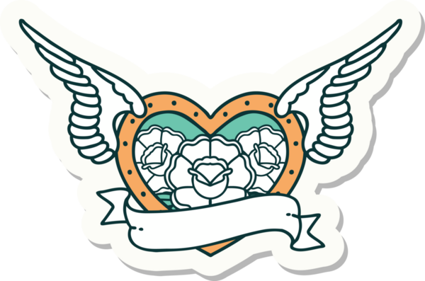 Geleneksel bir dövme stili. Uçan kalp. Çiçekler ve bir insan tarafından çizilmiş bayrak.