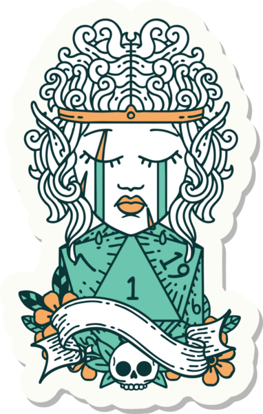 Ağlayan bir elf barbarının çıkartması. İnsan tarafından çizilmiş bir d20 ruloya bak.