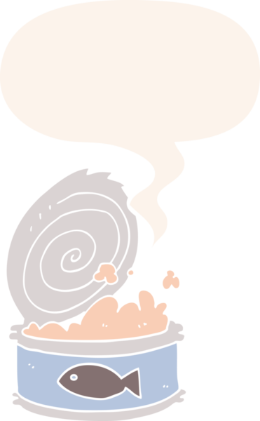 Bir insan tarafından çizilmiş retro tarzı konuşma baloncuklu konserve yiyecekler.