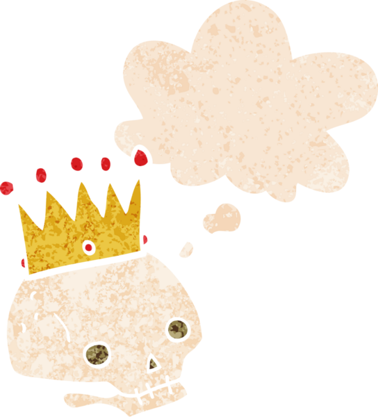 Düşünce baloncuğu ve grunge ile taçlandırılmış karikatür kafatası bir insan tarafından çizilmiş rahatsız edilmiş retro tarzı