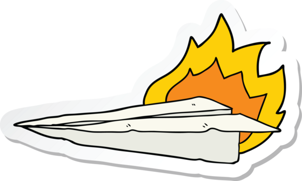 Bir insan tarafından çizilmiş, yanan kağıt uçak etiketi.