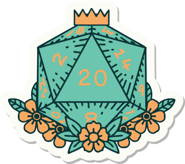 Bir insan tarafından çizilmiş 20 D20 zarının etiketi.