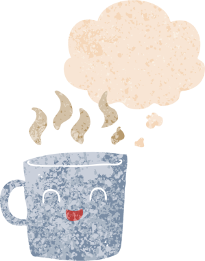 Hoş kahve fincanı karikatürü. Düşünce baloncuğu ve grunge dertli eski moda bir insan tarafından çizilmiş.