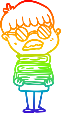 Gökkuşağı gradyan çizgi çizimi bir insan tarafından çizilmiş gözlük takan kitaplarla bir çizgi film çocuğu.