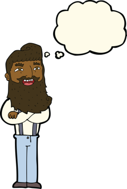 Bir insan tarafından çizilmiş düşünce balonlu sakallı mutlu adam çizgi filmi.