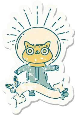 Bir insan tarafından çizilmiş astronot kostümlü dövme stili bir kedinin eski çıkartması.