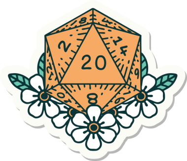 Bir insan tarafından çizilmiş geleneksel bir d20 dövmesi çıkartması.