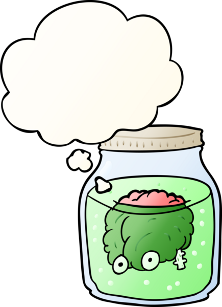 Kavanozda insan tarafından çizilmiş yumuşak eğimli düşünce baloncukları olan karikatürlü ürkütücü beyin.