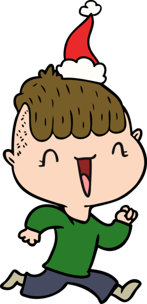 Mutlu bir çocuğun el çizimi bir insan tarafından çizilmiş Noel Baba şapkası giymesine şaşırdı.