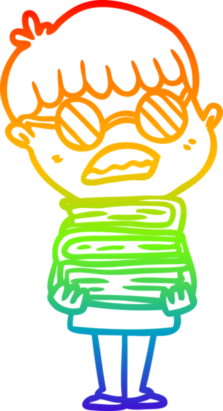 Gökkuşağı gradyan çizgi çizimi bir insan tarafından çizilmiş gözlük takan kitaplarla bir çizgi film çocuğu.