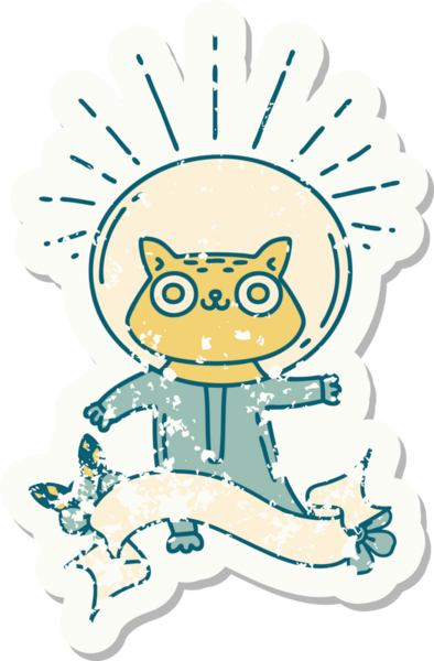 Bir insan tarafından çizilmiş astronot kostümlü dövme stili bir kedinin eski çıkartması.