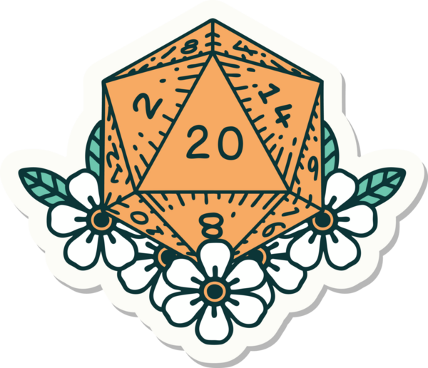 Bir insan tarafından çizilmiş geleneksel bir d20 dövmesi çıkartması.