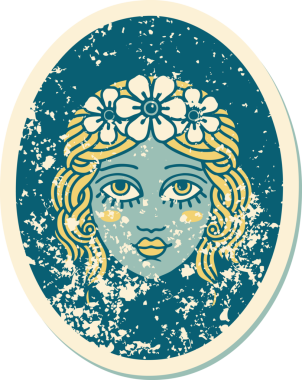 İkonik sıkıntılı dövme stili. Saçında bir insan tarafından çizilmiş çiçekler olan bir kızın resmi.