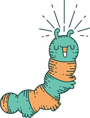 Geleneksel dövme stilinin bir insan tarafından çizilmiş mutlu tırtılın resmi