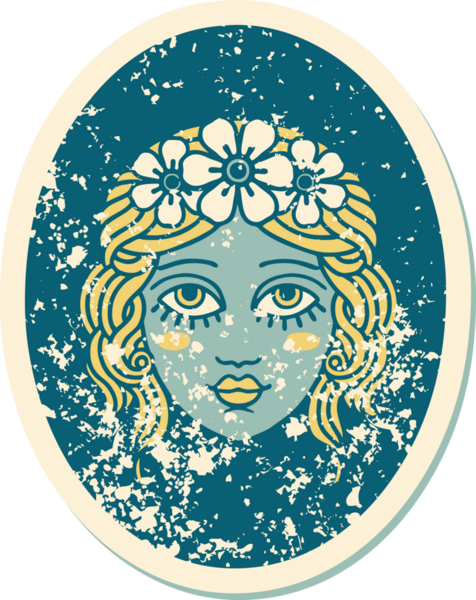 İkonik sıkıntılı dövme stili. Saçında bir insan tarafından çizilmiş çiçekler olan bir kızın resmi.