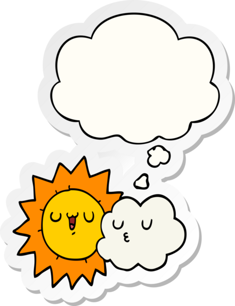 Düşünce baloncuklu karikatür güneş ve bulut insan tarafından çizilmiş bir çıkartma.