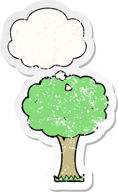 Düşünce baloncuğu olan çizgi film ağacı insan tarafından çizilmiş yıpranmış bir çıkartma gibi.