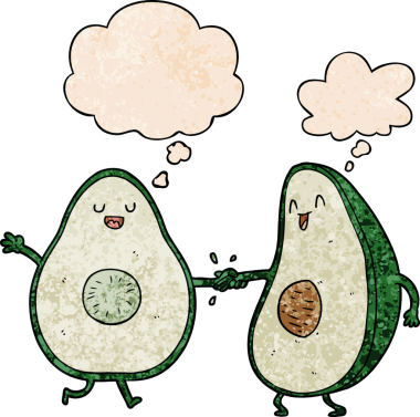 Düşünce baloncuğu ve insan tarafından çizilmiş grunge dokusuyla dans eden avokadolar.