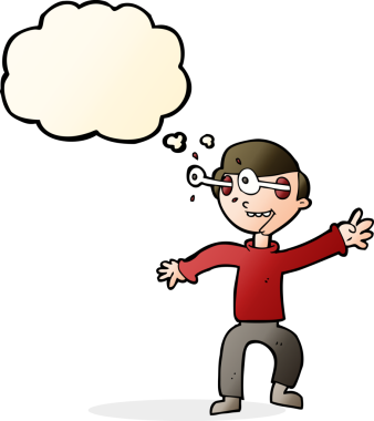 Bir insan tarafından çizilmiş düşünce baloncuğu olan bir çocuk.