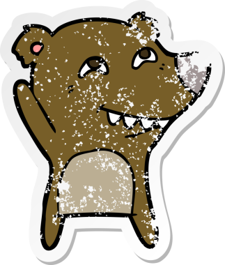 Bir insan tarafından çizilmiş dişleri gösteren bir çizgi film ayısının sıkıntılı çıkartması.